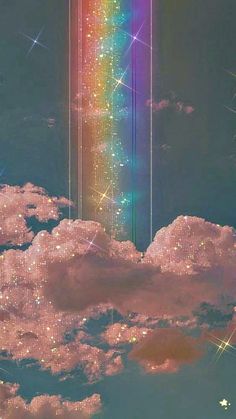 the rainbow is shining in the sky above the clouds and some stars on top of it