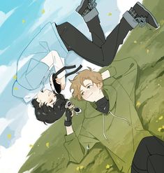 two anime characters laying on the ground