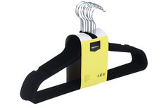 a black and yellow hanger with five pairs of scissors in it's holder