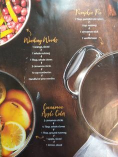 the menu for an apple cider is shown with apples and oranges in it