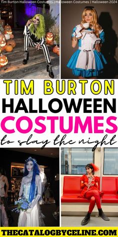 halloween costumes for children and adults with text overlay that reads tim burton's halloween costumes