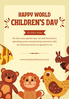 the children's day flyer is designed to look like it has animals and birds on it