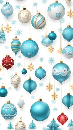 christmas balls and ornaments hanging from strings on a white background with snowflakes in the air