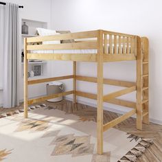 a wooden bunk bed sitting on top of a hard wood floor next to a window