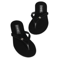 Chanel black velvet flip flops flat with CC crystal. 24S, The most desired and sold out. Size 38.5, come with dustbag and box. Chanel Slingback Shoes, Chanel Flip Flops, Chanel Shoes Sandals, Chanel Slingback, Vintage Chanel Bag, Chanel Suit, Chanel Brand, Black Flip Flops, Slingback Shoes