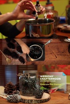 a person pouring pine cones into a pot on top of a wooden table next to other items