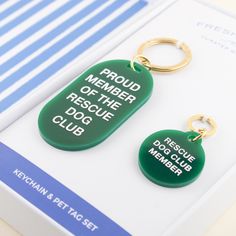 Rescue Dog Club Keychain & Pet Tag Gift Set | Freshwater Emerald Acrylic, Funny Dog Tags, Grooming Business, Keychain Acrylic, Dog Club, Dog Grooming Business, Keychain Ideas, Rescue Dog, Pet Tags