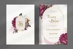 two wedding cards with pink flowers and gold foil lettering on the front, and back