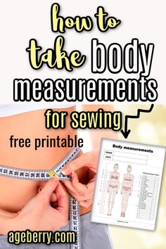 a woman measuring her waist with the text how to take body measurements for sewing free printable