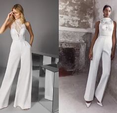 two photos of a woman in white clothing, one is wearing a halter top and the other has wide legged pants