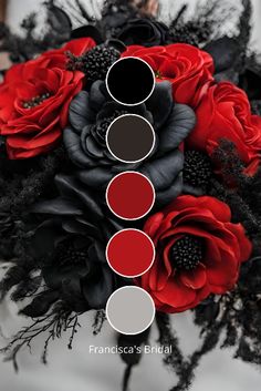 a bridal bouquet with red roses, black feathers and grey accents for the bride