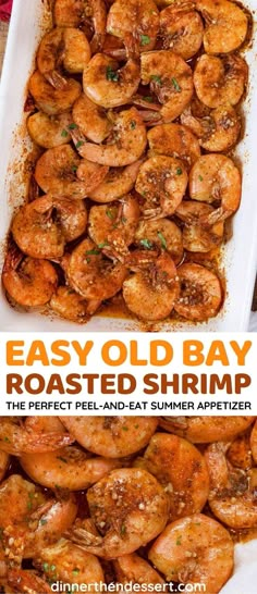 easy old bay roasted shrimp in a white casserole dish with text overlay