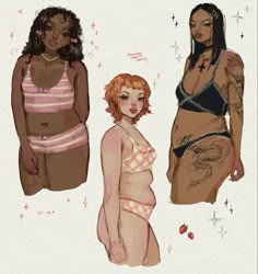 three women in bathing suits standing next to each other with tattoos on their chests