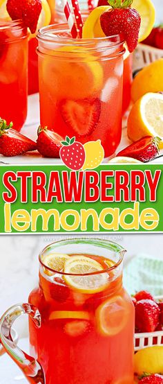 strawberry lemonade in mason jars with strawberries and lemons