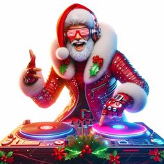 a dj dressed as santa clause with headphones on and pointing at his turntable