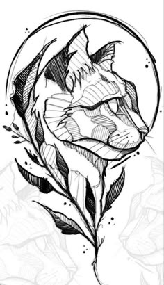 a black and white drawing of a fox's head with leaves in the background