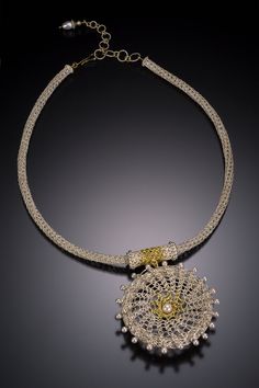 Woven Sundial Medallion Necklace by Cheri Dunnigan (Gold, Silver & Pearl Necklace) | Artful Home Wire Crochet Jewelry, Single Pearl, Silver Pearl Necklace, Artful Home, Medallion Necklace, Akoya Pearls, Hook Clasp, Gold Wire, Silver Pearls