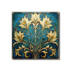 an art work with blue and gold colors on it's side, including flowers