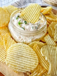 a plate with chips and dip on it