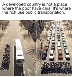 two pictures with people standing in front of buses and cars on the side of the road