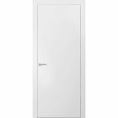 a white door with a handle on the front and side panel, in an empty room