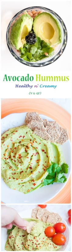 an avocado hummus recipe is shown in three different pictures