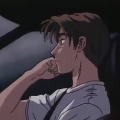 an anime character with his hand on his chin and looking at something in the distance