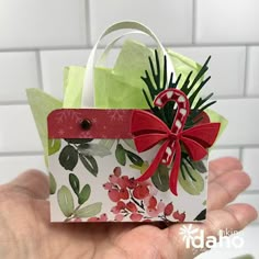 a hand holding a small gift bag decorated with red and green flowers, bows and candy canes