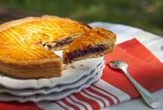 a pie sitting on top of a white plate next to a fork