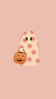 a ghost with a pumpkin on it's back and a handbag in its mouth