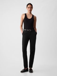 Soft cotton-spandex pants with two-way stretch.  Concealed hook and bar closure.  Zip fly.  Front slant pockets.  Back welt pockets.  Mid rise.  Sleek and straight with a slim fit.  Hits at the ankle.  Model is approx.  5’10” wearing Business Casual Pants With Belt Loops And Straight Silhouette, Sleek Fitted Straight Bottoms, Fitted Straight Work Pants For Business Casual, Slim Fit Straight Work Pants, Fitted Straight Bottoms For Workwear, Straight Elastane Dress Pants For Work, Classic Gap Bottoms With Welt Pockets, Elegant Gap Straight Leg Bottoms, Fitted Gap Bottoms For Business Casual