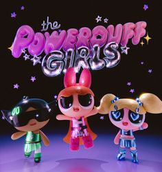 the powerpuff girls characters are posed in front of a purple background with stars