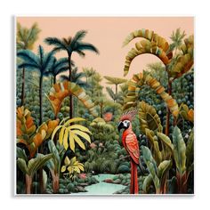 a painting of a red parrot standing in the middle of a jungle with palm trees