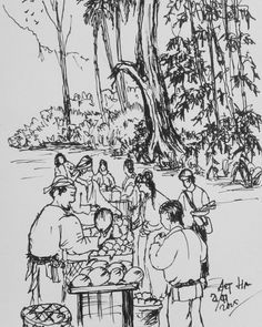 a black and white drawing of people standing in front of a table with food on it