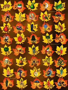 an image of fall leaves with numbers on them