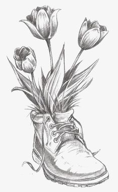 a drawing of a boot with tulips in it and a shoe on the ground