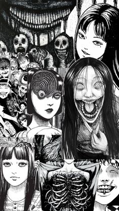 an image of people with creepy faces and hair in front of a crowd of skeletons