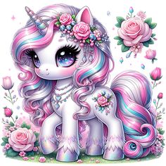 a cute little pony with flowers on her head