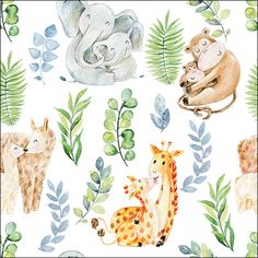 watercolor animals and plants on a white background