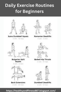 Exercise Routines for Beginners 

1. Sumo Dumbbell Squatz 
2. Romanian Deadlifts
3.Bulgarian split Squats
4. Barbell Hip Thrusts
5. Back Extensionsw
6. Dumbbell Deadlifts

#exercises #daillyexercise #daillyroutine #healthylifestyle Squats With Dumbbells Women, Barbell Romanian Deadlift, Dumbbell Sumo Deadlift, Romanian Split Squat, Dumbbell Squat Workout, Dumbell Deadlift Women, Dumbbell Deadlift Women, Romanian Squat, Deadlifts For Women