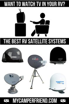 several different types of televisions and remote controls in black and white with text that reads, want to watch tv in your rv? the best satellite systems