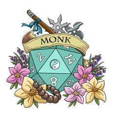 a sticker with the word monk on it and flowers around it, surrounded by other items