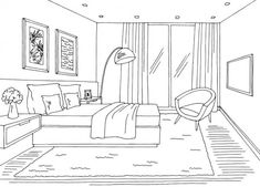 a black and white drawing of a bedroom