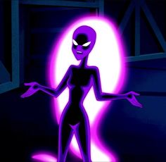 the animated character is standing in front of a purple light with her hands out and eyes closed