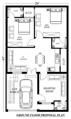 the floor plan for a two bedroom house with an attached living room and kitchen area