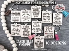 the key chains for seniors vol 1 are shown on a table with beads and other items