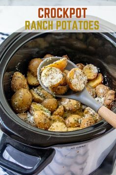 crockpot ranch potatoes in an electric pressure cooker with a wooden spoon scooping them into the pot