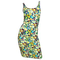 Fun vintage 90s GIANNI VERSACE colorful sushi novelty print bodcon sequin dress! Features vibrant colors of purple, yellow, green, turquoise, orange and white throughout. Purple sequins sporadically sewn around sushi throughout the dress. Simply slips over the head and stretches to fit. Great belted or alone. The picture Paloma Picasso black and gold leather belt is also featured in my 1stDibs Shop. Perfect for day or evening with wedges, sandals, heels or boots. In great condition. Made in Ital Gianni Versace 90s, Dance Uniforms, Cocktail Dress Yellow, Versace Fashion, Versace Couture, Cocktail Dress Vintage, Sequin Outfit, Embroidery Shop, 90s Dress