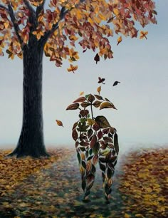 a painting of a giraffe standing under a tree with leaves falling from it