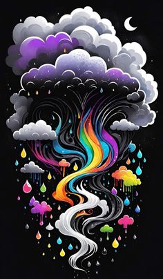 an abstract painting with clouds, rain and rainbows on the black background stock photo